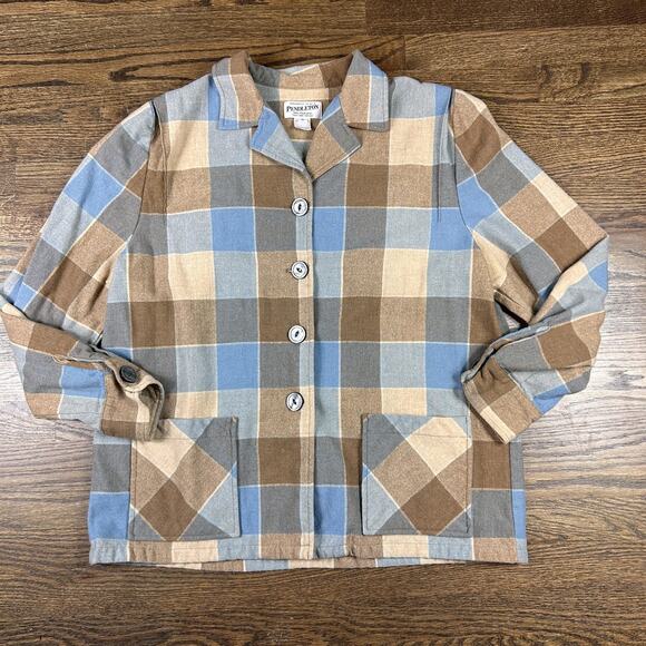 Pendleton Jacket Womens XL Blue Brown Beige Plaid 49er Virgin Wool Button Front - Picture 1 of 8